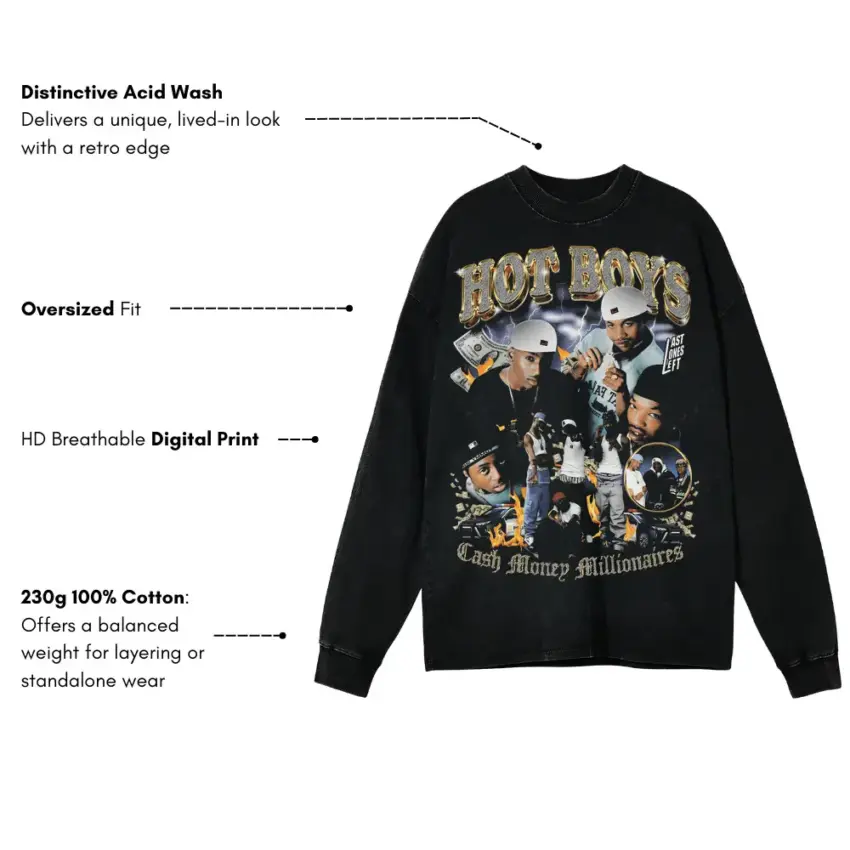 Hot Boys Cash Money Millionaires Aicd Wash Oversized Long Sleeve Shirt - Image 5
