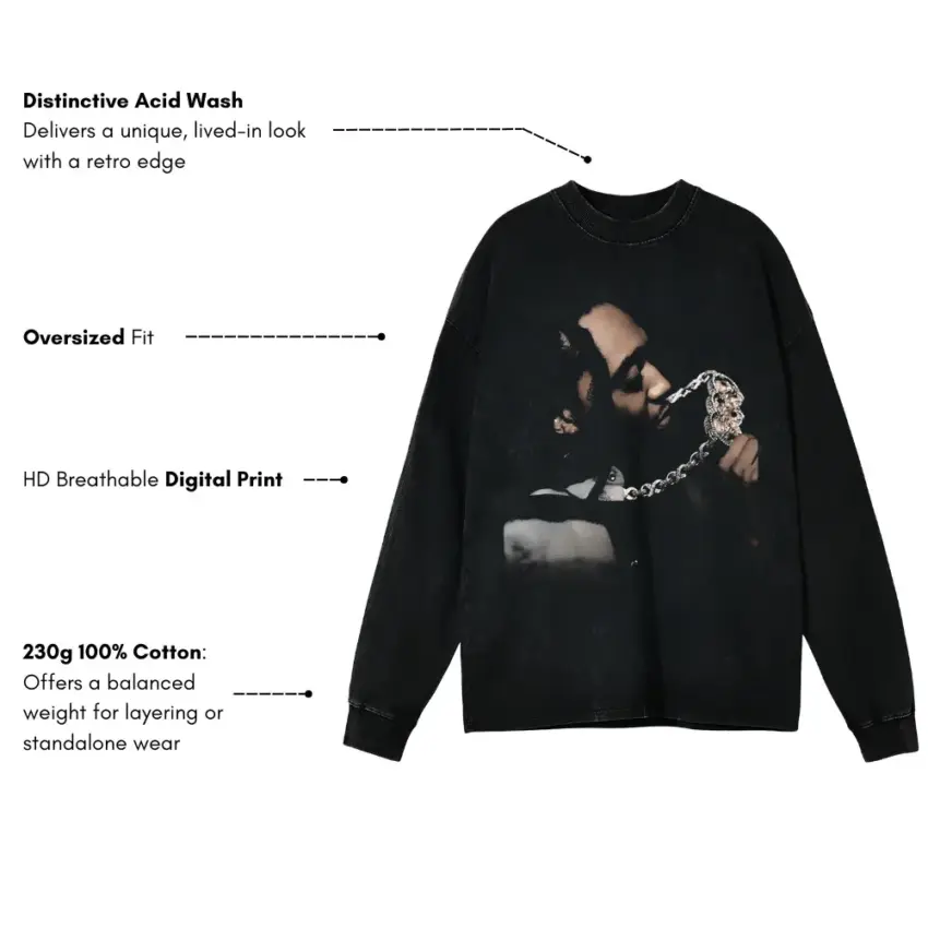Iced Out Chain Monochrome Aicd Wash Oversized Long Sleeve Shirt - Image 5