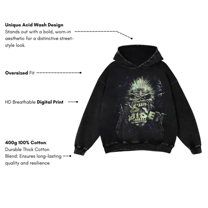 Iron Maiden Eddie Head Aicd Wash Oversized Hoodie - Image 5