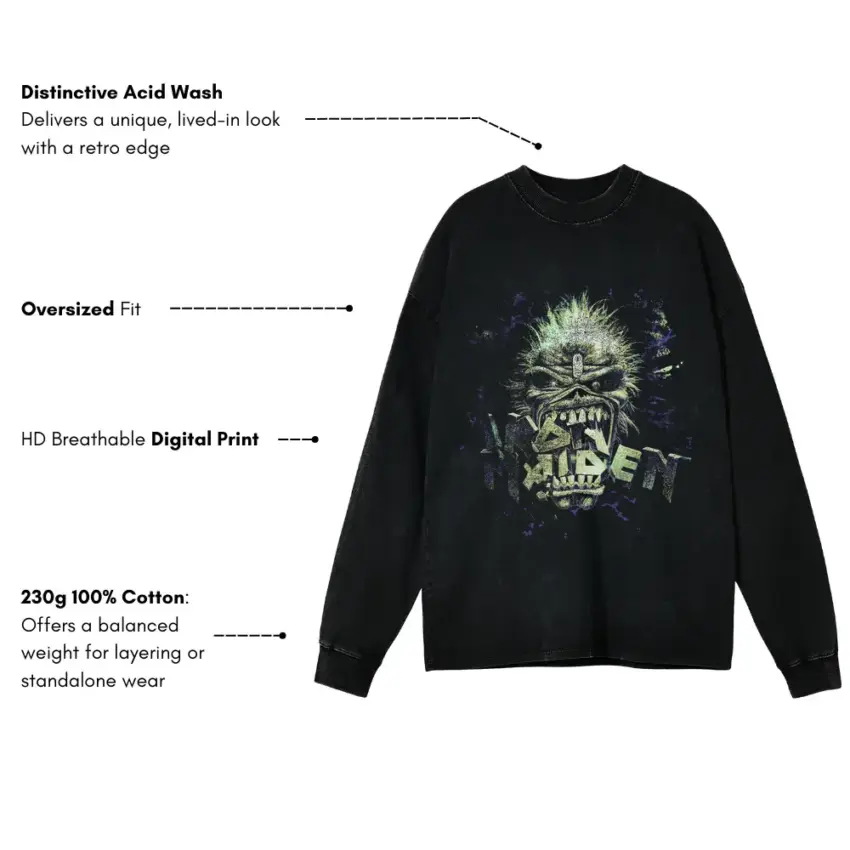 Iron Maiden Eddie Head Aicd Wash Oversized Long Sleeve Shirt - Image 5