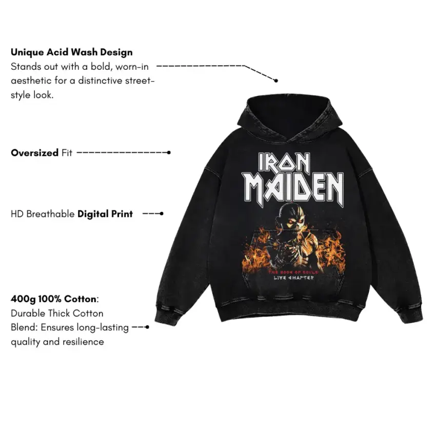 Iron Maiden Live After Death Aicd Wash Oversized Hoodie - Image 5