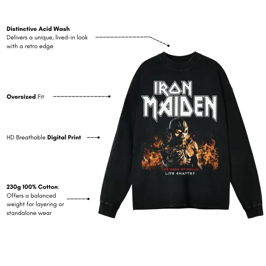 Iron Maiden Live After Death Aicd Wash Oversized Long Sleeve Shirt - Image 5