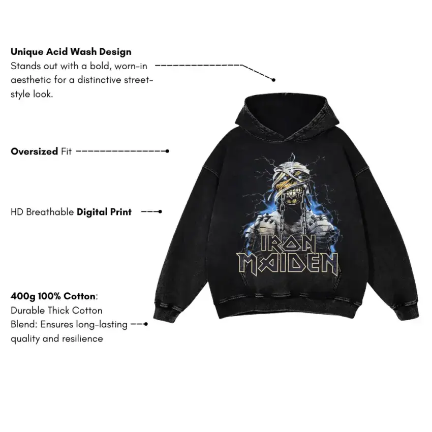 Iron Maiden Powerslave Aicd Wash Oversized Hoodie - Image 5