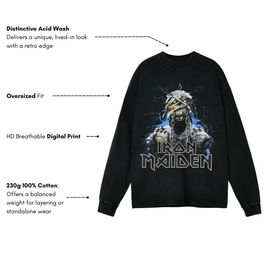 Iron Maiden Powerslave Aicd Wash Oversized Long Sleeve Shirt - Image 5