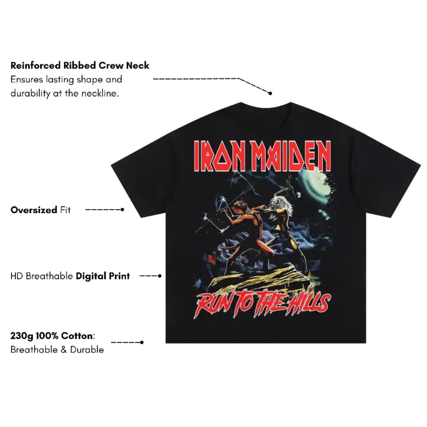 Iron Maiden Run For The Hills Oversized Black Graphic Tee - Image 5