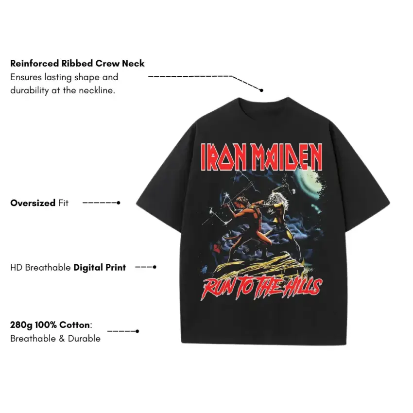 Iron Maiden Run For The Hills Heavyweight Oversized Black Graphic Tee - Image 5