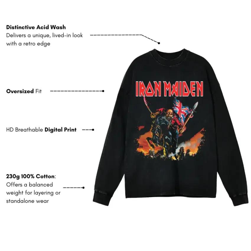 Iron Maiden The Trooper Art Aicd Wash Oversized Long Sleeve Shirt - Image 5