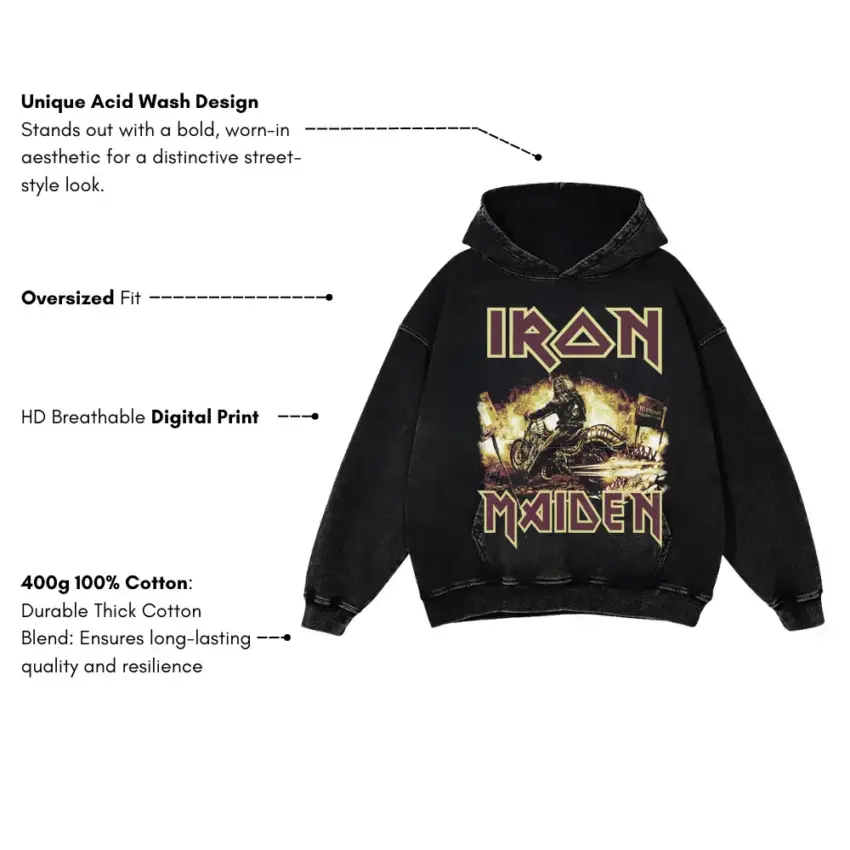Iron Maiden Tour Art Aicd Wash Oversized Hoodie - Image 5