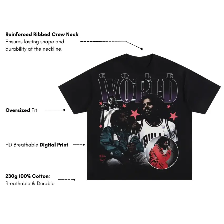 J Cole Cole World Jersey Oversized Black Graphic Tee - Image 5