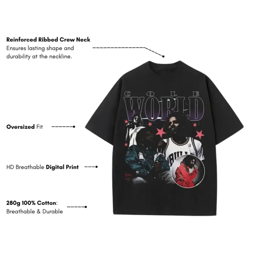 J Cole Cole World Jersey Heavyweight Oversized Black Graphic Tee - Image 5