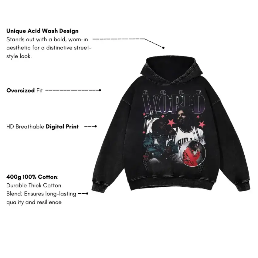 J Cole Cole World Jersey Aicd Wash Oversized Hoodie - Image 5