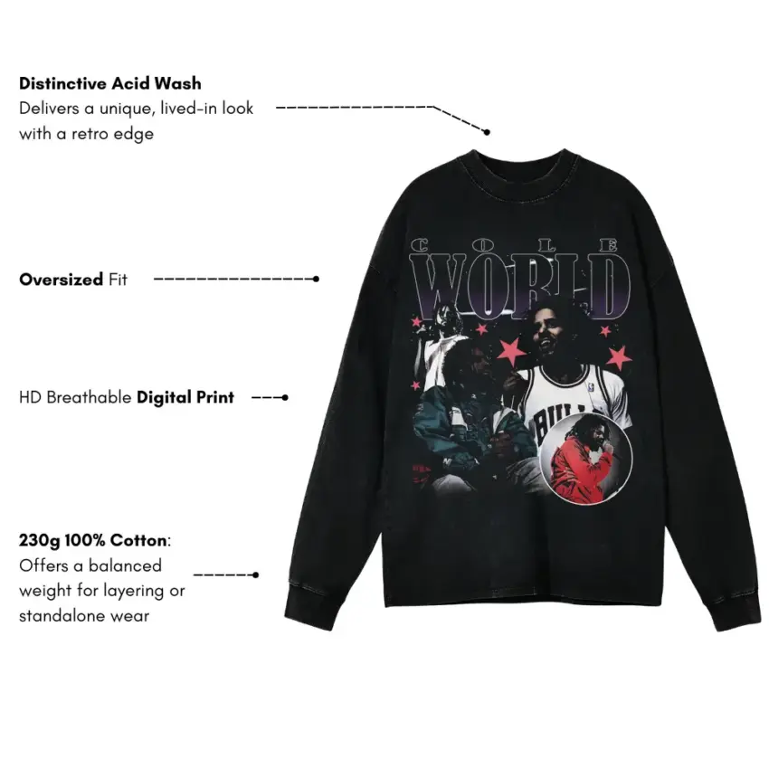 J Cole Cole World Jersey Aicd Wash Oversized Long Sleeve Shirt - Image 5