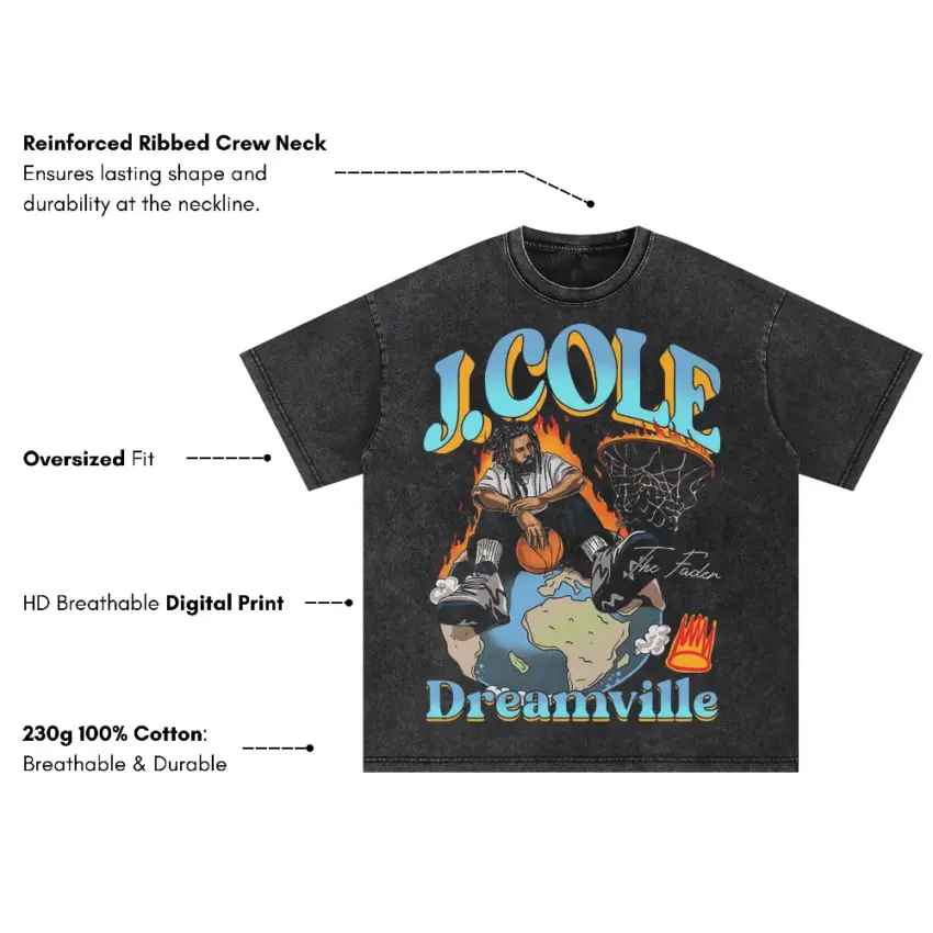 J Cole Dreamville Tribute Oversized Acid Wash T-shirt - Image 2