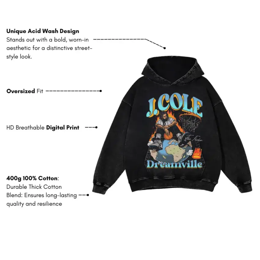 J Cole Dreamville Tribute Aicd Wash Oversized Hoodie - Image 5