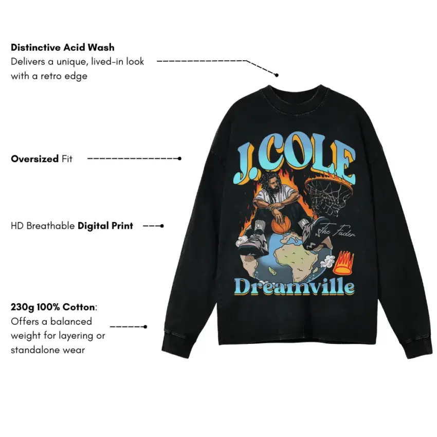 J Cole Dreamville Tribute Aicd Wash Oversized Long Sleeve Shirt - Image 5