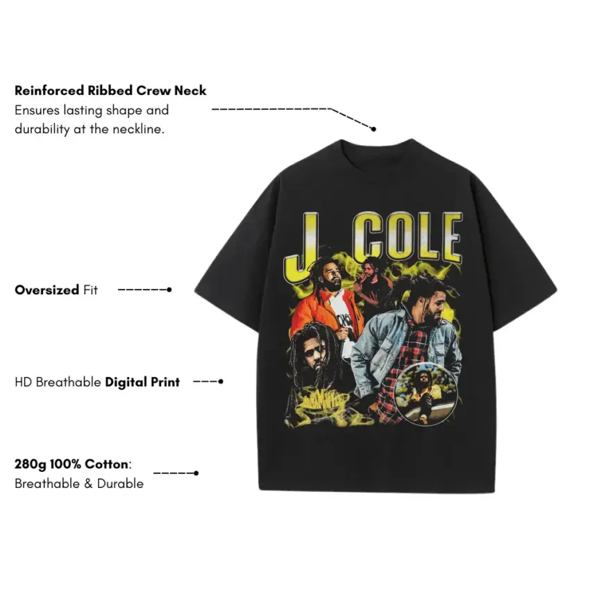 J Cole Forest Hills Drive Heavyweight Oversized Black Graphic Tee - Image 5