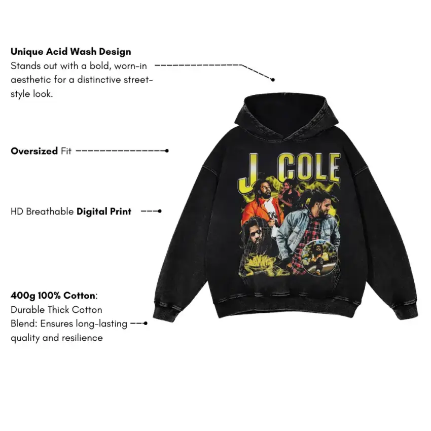 J Cole Forest Hills Drive Aicd Wash Oversized Hoodie - Image 5