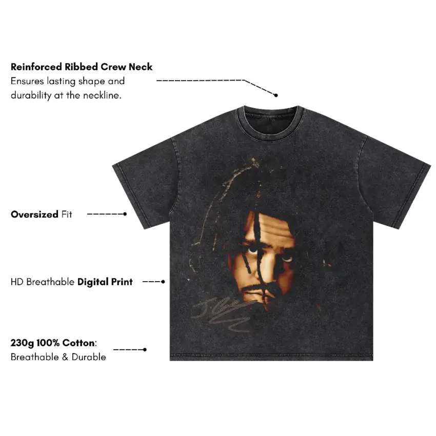 J Cole Signature Portrait Oversized Acid Wash T-shirt - Image 5