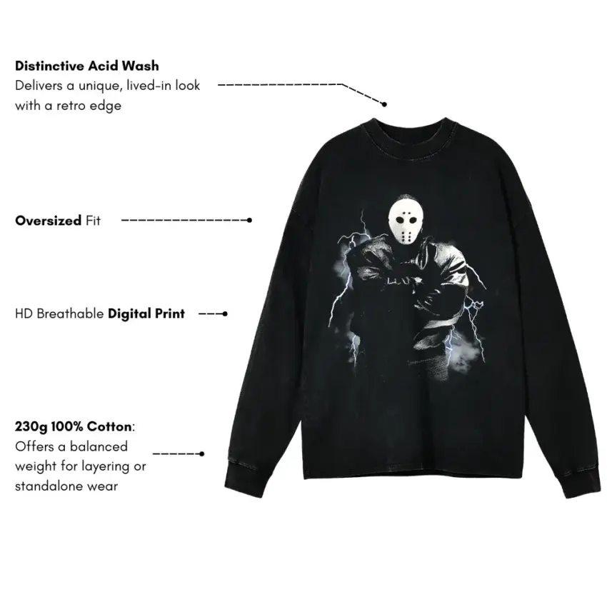 Jason Mask Savage Aicd Wash Oversized Long Sleeve Shirt - Image 5