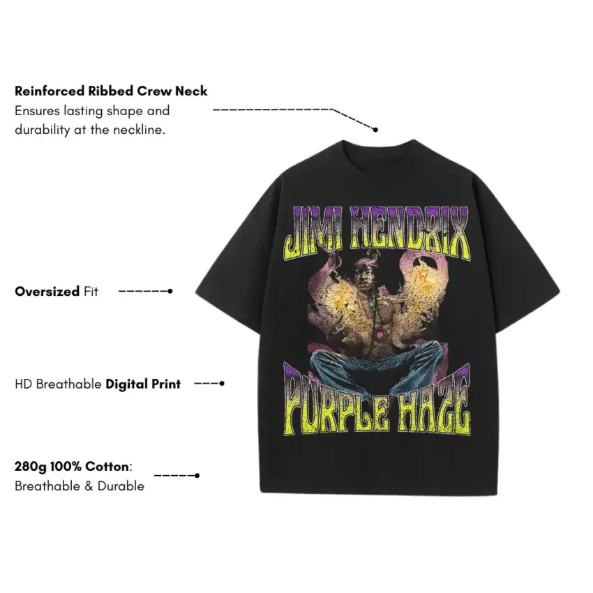 Jimi Hendrix Purple Haze Heavyweight Oversized Black Graphic Tee - Image 5