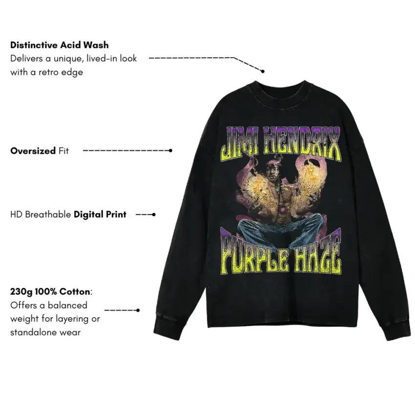Jimi Hendrix Purple Haze Aicd Wash Oversized Long Sleeve Shirt - Image 5
