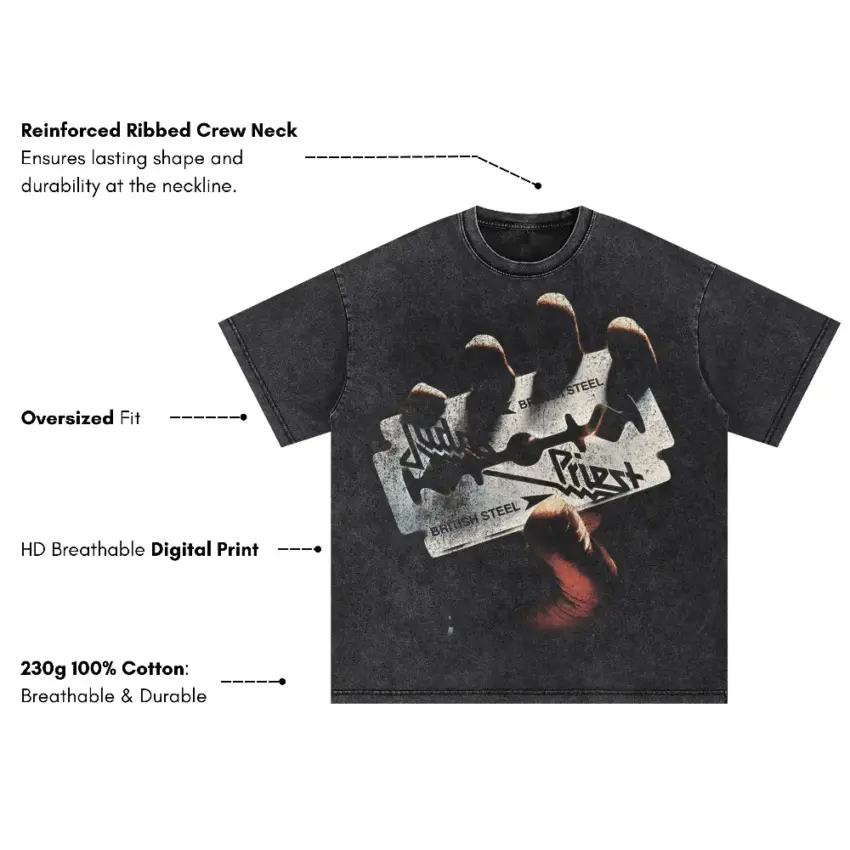 Judas Priest British Steel Oversized Acid Wash T-shirt - Image 5