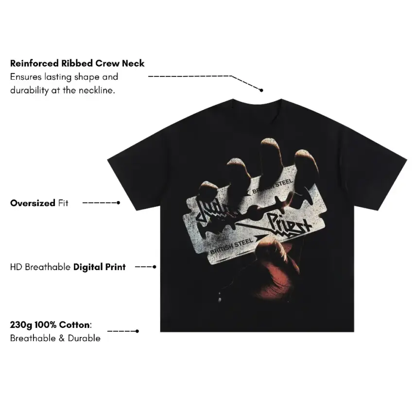 Judas Priest British Steel Oversized Black Graphic Tee - Image 5