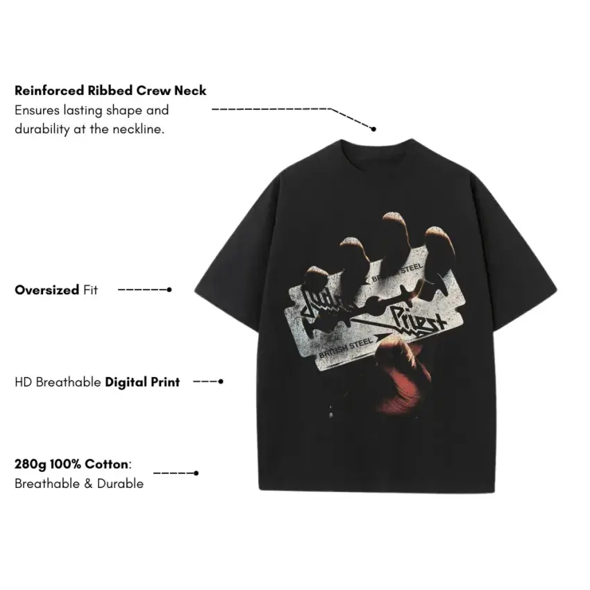 Judas Priest British Steel Heavyweight Oversized Black Graphic Tee - Image 5