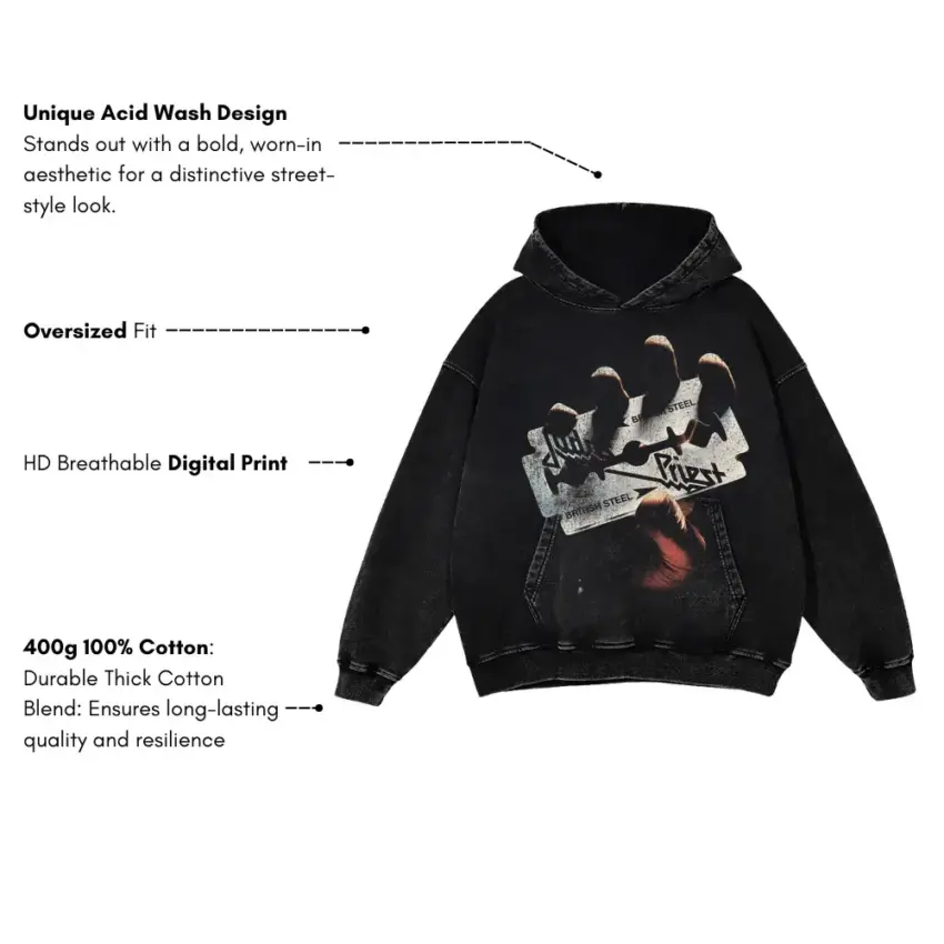 Judas Priest British Steel Aicd Wash Oversized Hoodie - Image 5