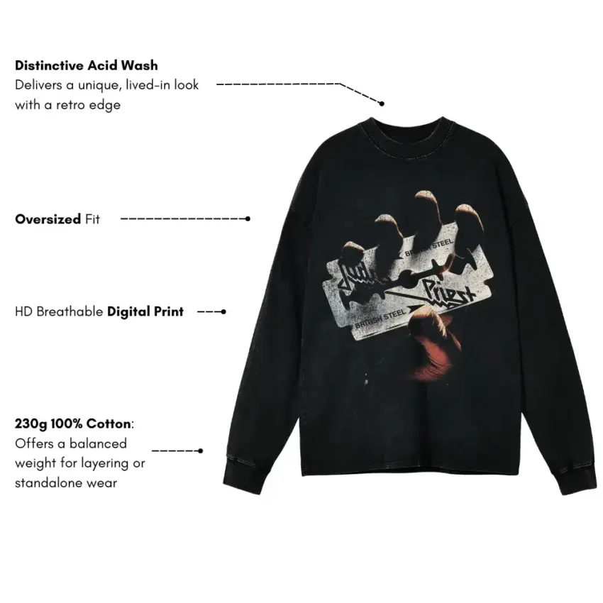 Judas Priest British Steel Aicd Wash Oversized Long Sleeve Shirt - Image 5