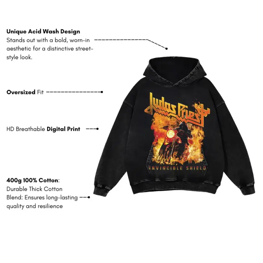 Judas Priest Invincible Shield Aicd Wash Oversized Hoodie - Image 5