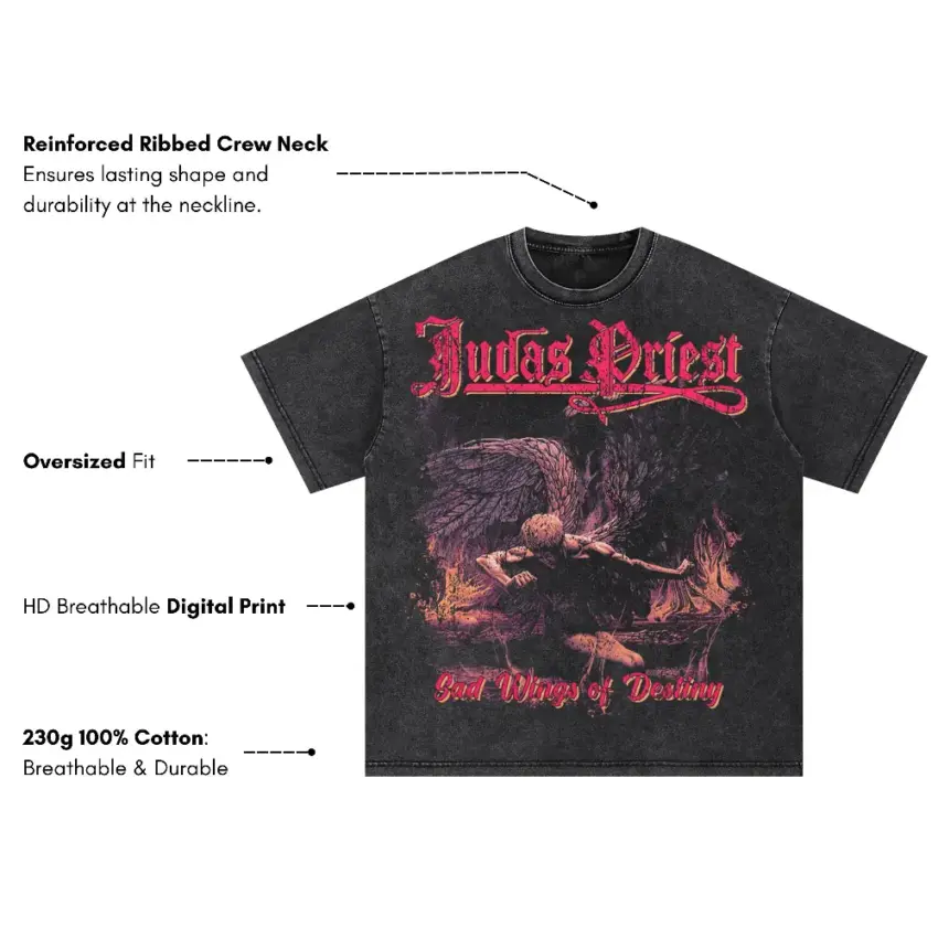 Judas Priest Sad Wings Of Destiny Oversized Acid Wash T-shirt - Image 5