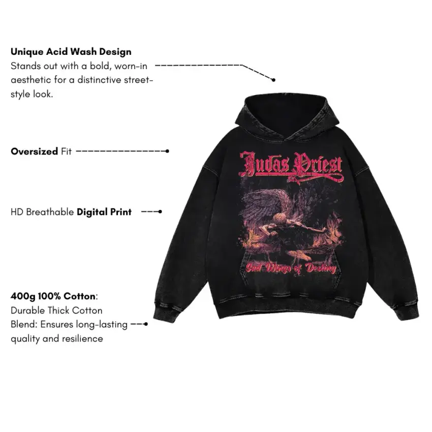 Judas Priest Sad Wings Of Destiny Aicd Wash Oversized Hoodie - Image 5
