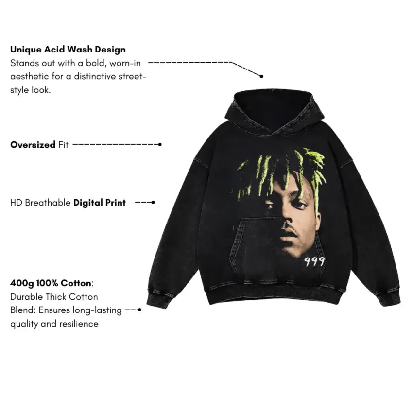 Juice WRLD 999 Portrait Aicd Wash Oversized Hoodie - Image 5