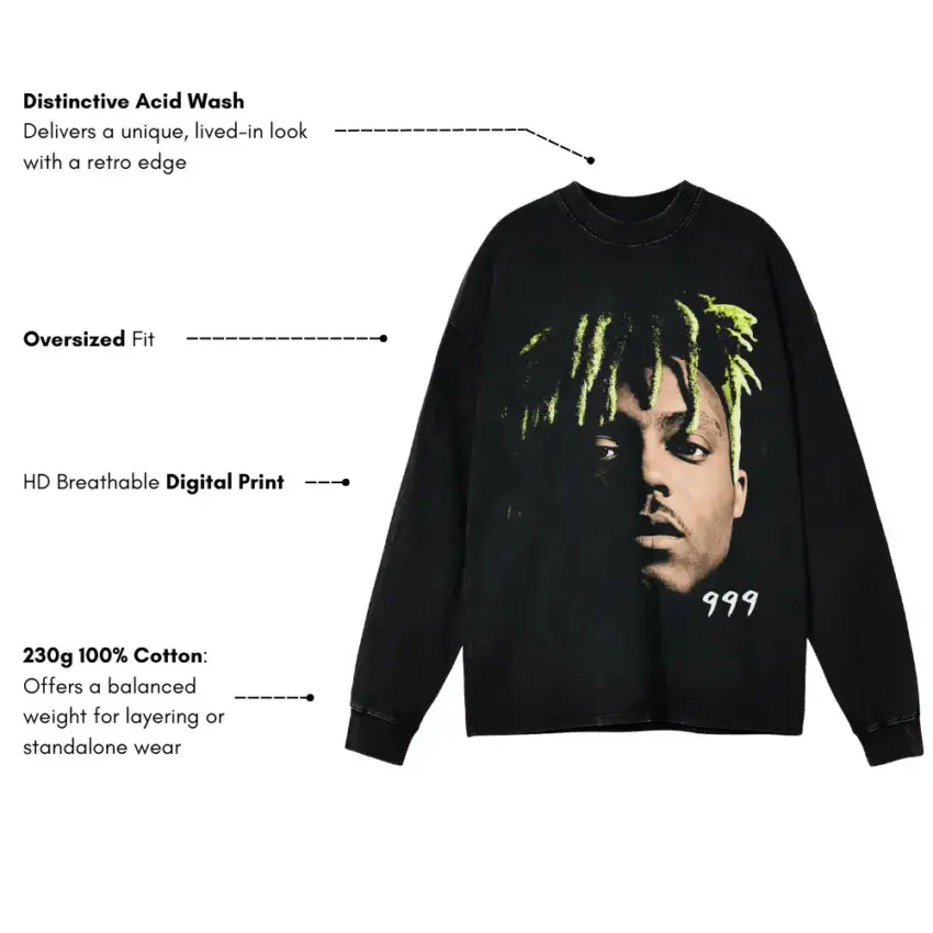 Juice WRLD 999 Portrait Aicd Wash Oversized Long Sleeve Shirt - Image 5