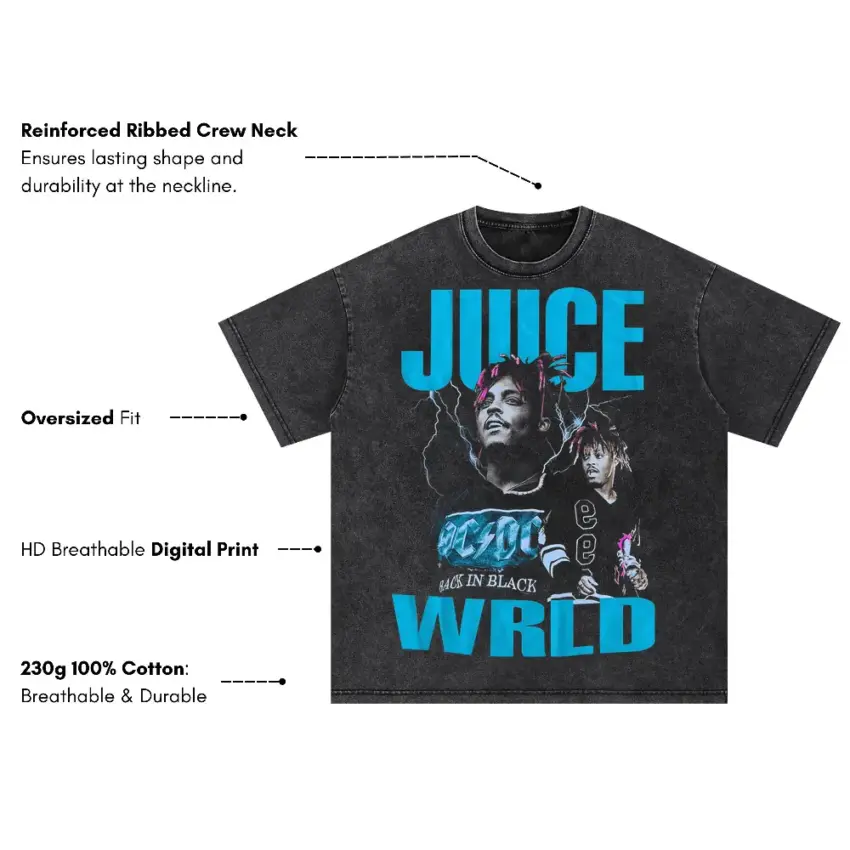 Juice WRLD All In Black Oversized Acid Wash T-shirt - Image 5