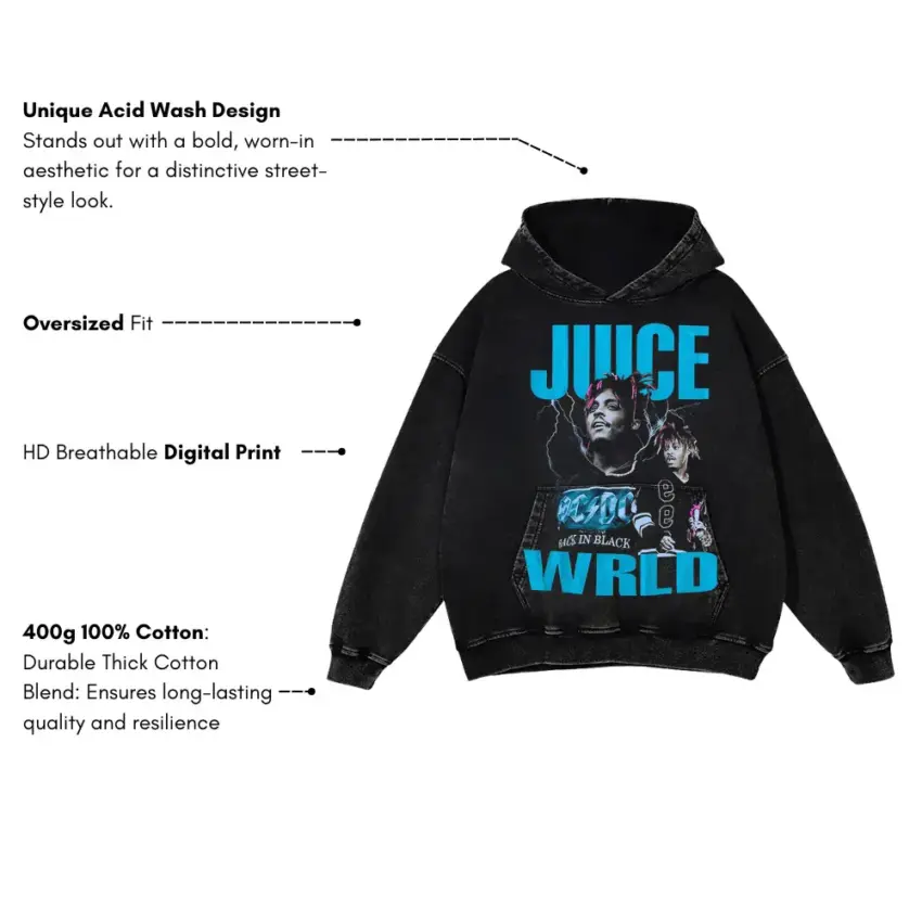Juice WRLD All In Black Aicd Wash Oversized Hoodie - Image 5