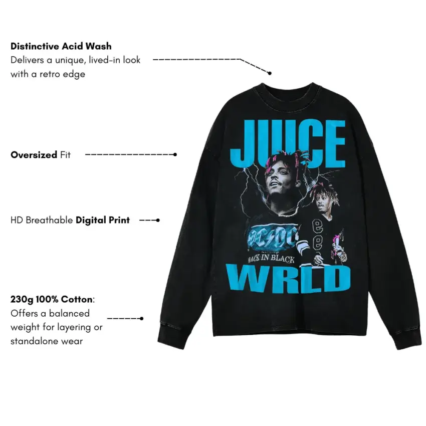 Juice WRLD All In Black Aicd Wash Oversized Long Sleeve Shirt - Image 5