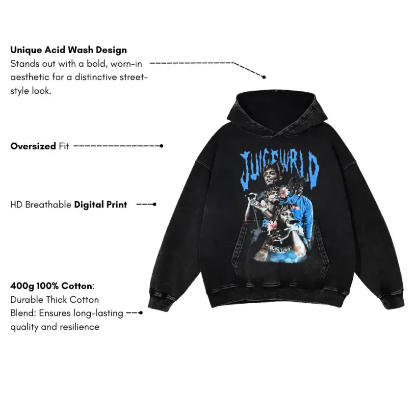Juice WRLD Fighting Demons Aicd Wash Oversized Hoodie - Image 5