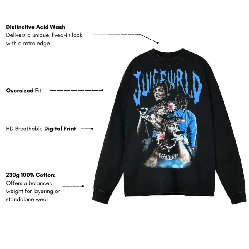 Juice WRLD Fighting Demons Aicd Wash Oversized Long Sleeve Shirt - Image 5