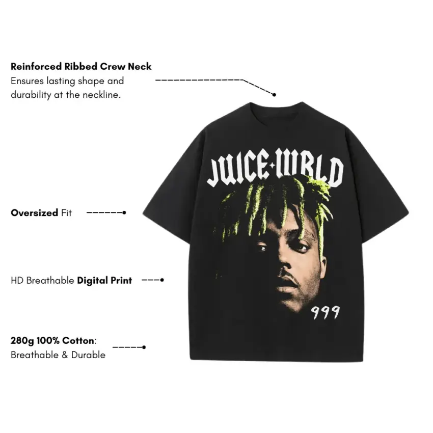 Juice WRLD Portrait Heavyweight Oversized Black Graphic Tee - Image 5