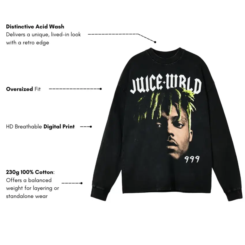 Juice WRLD Portrait Aicd Wash Oversized Long Sleeve Shirt - Image 5