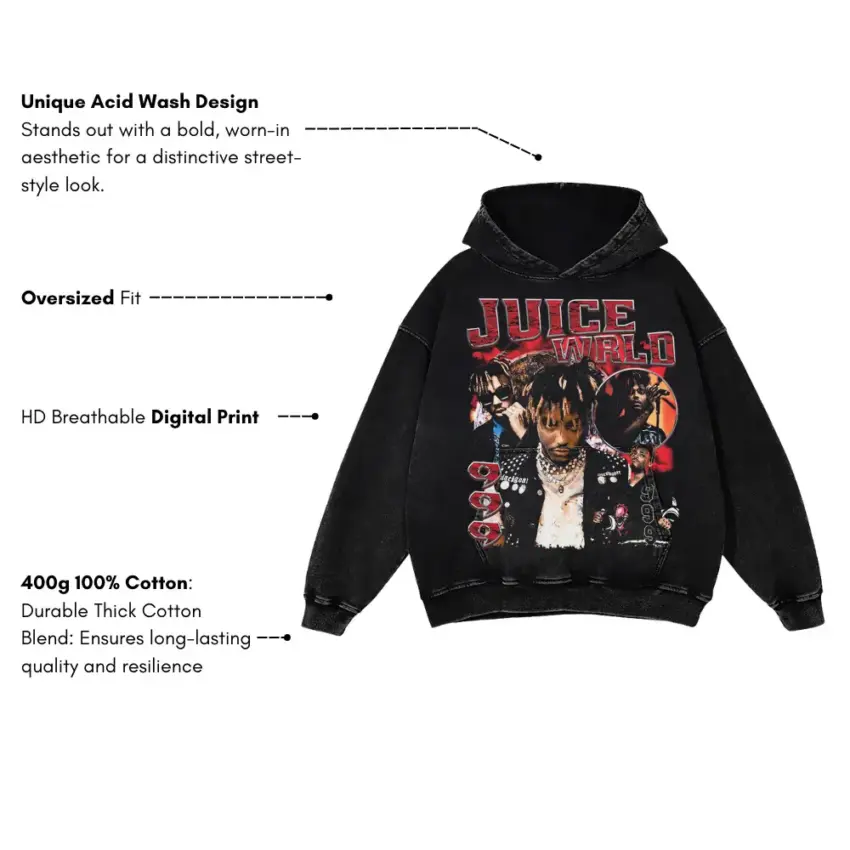 Juice WRLD Tribute Aicd Wash Oversized Hoodie - Image 5
