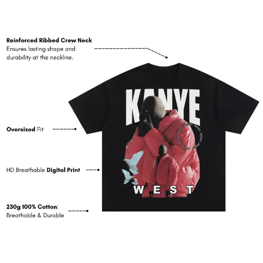 Kanye West Red Jacket Era Oversized Black Graphic Tee - Image 5