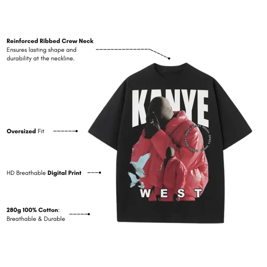 Kanye West Red Jacket Era Heavyweight Oversized Black Graphic Tee - Image 5