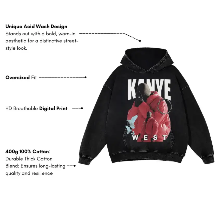Kanye West Red Jacket Era Aicd Wash Oversized Hoodie - Image 5