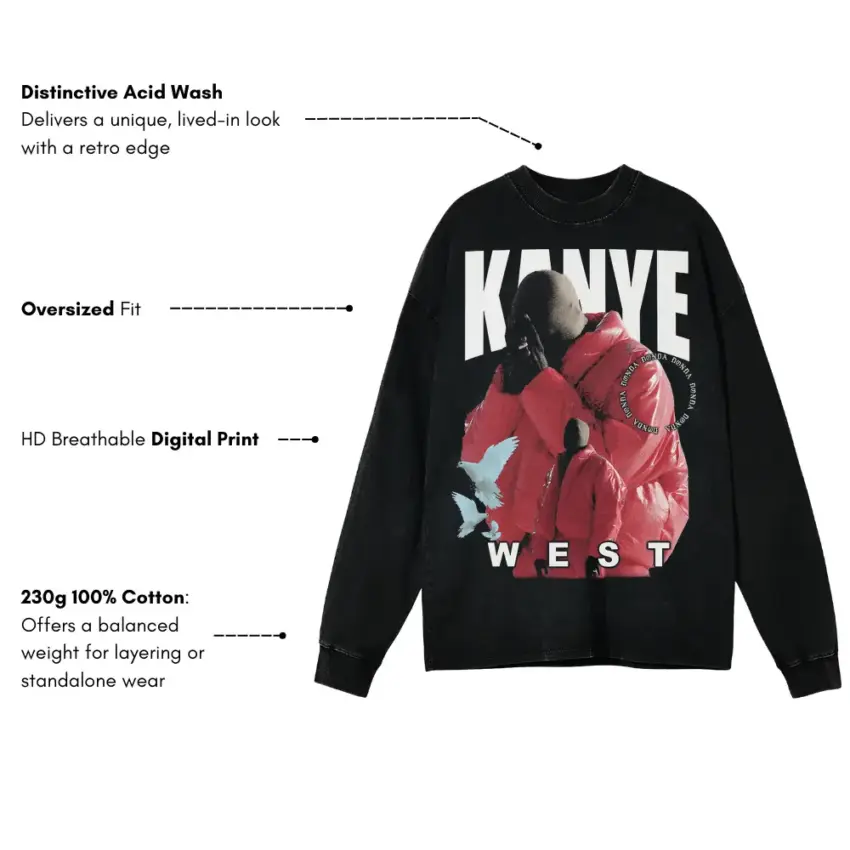 Kanye West Red Jacket Era Aicd Wash Oversized Long Sleeve Shirt - Image 5