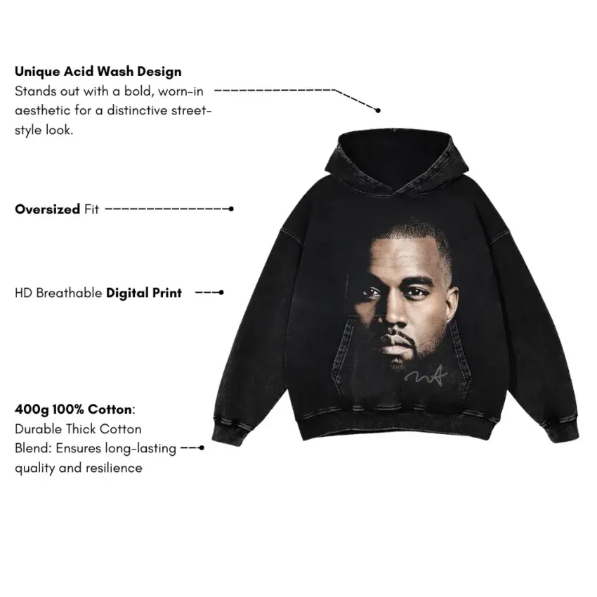 Kanye West Signature Portrait Aicd Wash Oversized Hoodie - Image 2