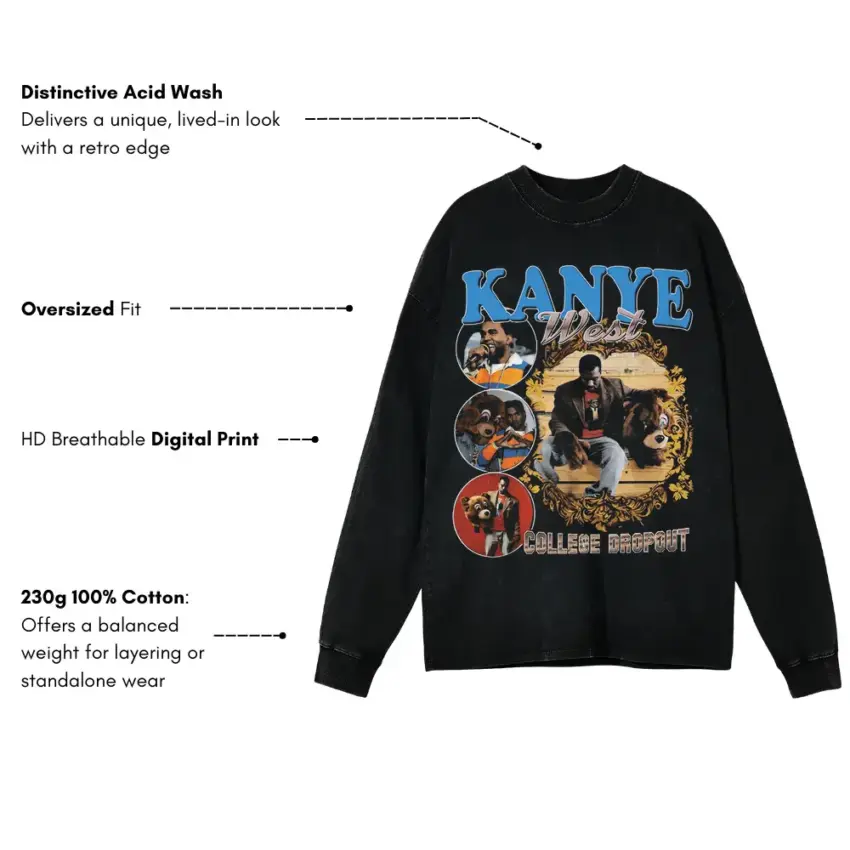 Kanye West The College Dropout Aicd Wash Oversized Long Sleeve Shirt - Image 5
