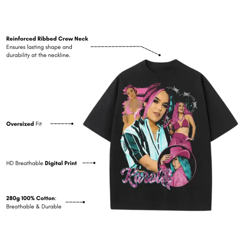 Karol G Striped Heart Heavyweight Oversized Black Graphic Tee - Image 5